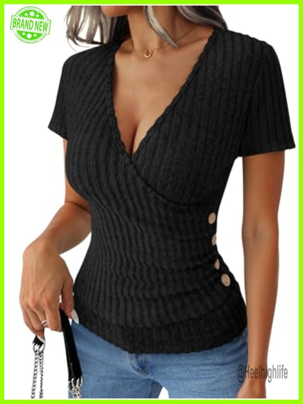 Women's Ribbed Knit V-Neck Short Sleeve Slim Fit Top